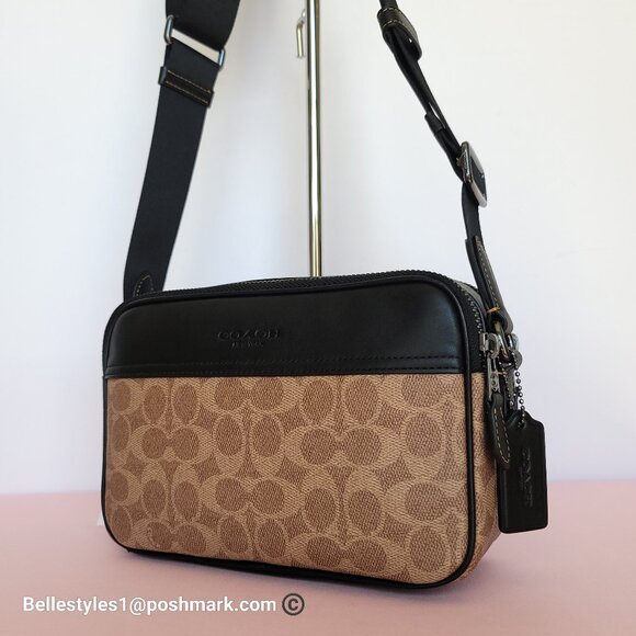 COACH Unisex Graham Signature Canvas & Leather Crossbody Bag -Tan/Black color🎈⭐ - Picture 4 of 16